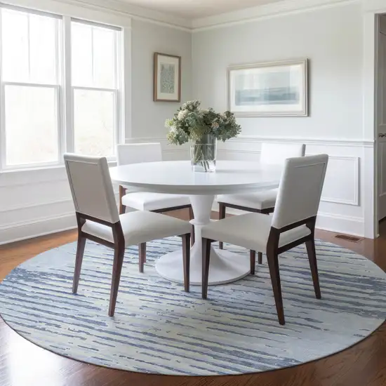8' Sky Blue And Ivory Round Striped Washable Indoor Outdoor Area Rug Photo 7