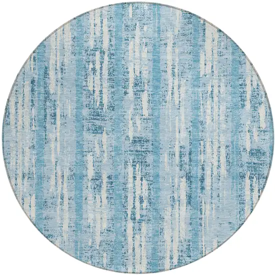 8' Sky Blue And Ivory Round Striped Washable Indoor Outdoor Area Rug Photo 2
