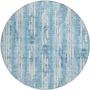 Photo of 8' Sky Blue And Ivory Round Striped Washable Indoor Outdoor Area Rug