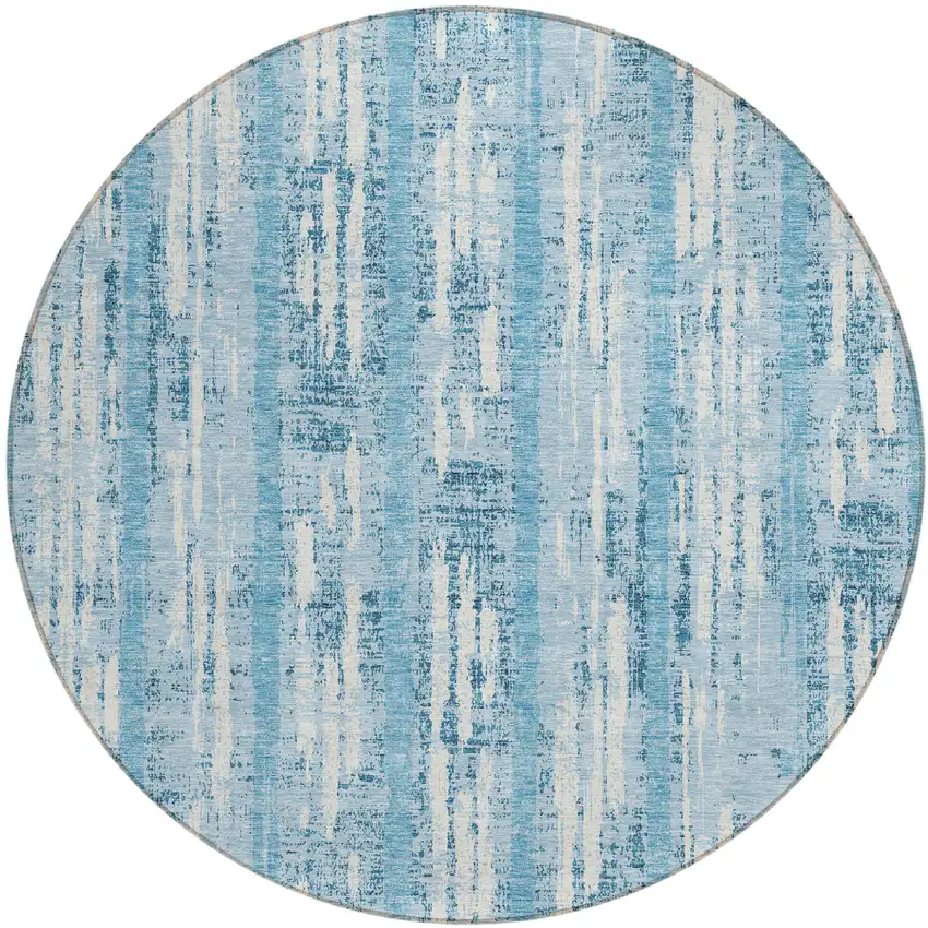 8' Sky Blue And Ivory Round Striped Washable Indoor Outdoor Area Rug Photo 2