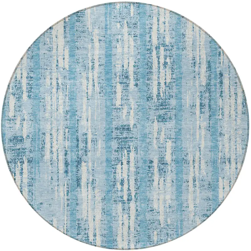 8' Sky Blue And Ivory Round Striped Washable Indoor Outdoor Area Rug Photo 4