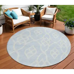 Photo of 8' Sky Blue And Ivory Round Trellis Washable Indoor Outdoor Area Rug