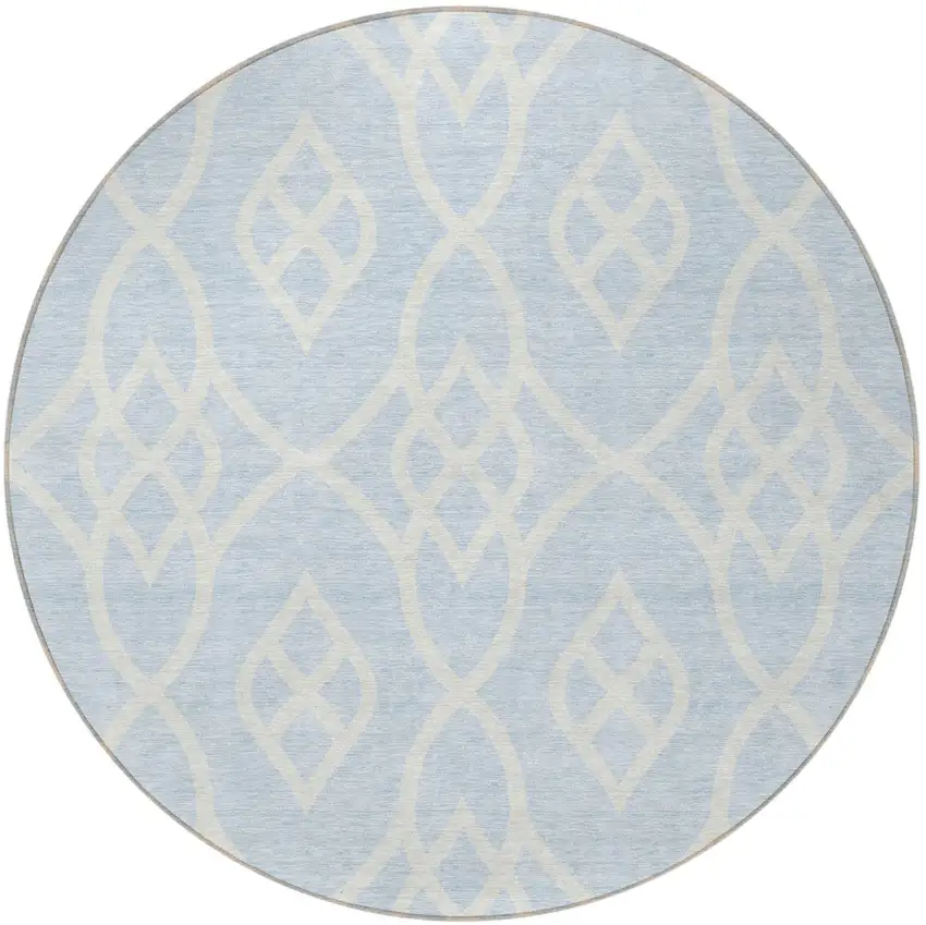 8' Sky Blue And Ivory Round Trellis Washable Indoor Outdoor Area Rug Photo 5