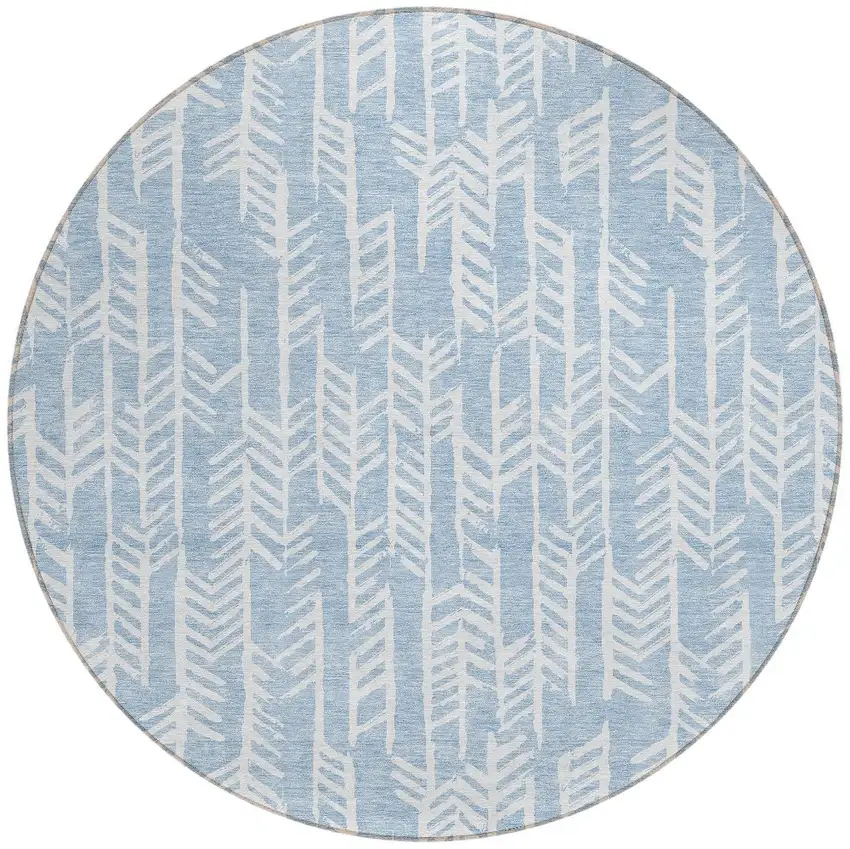 8' Sky Blue And Ivory Round Tribal Washable Indoor Outdoor Area Rug Photo 4