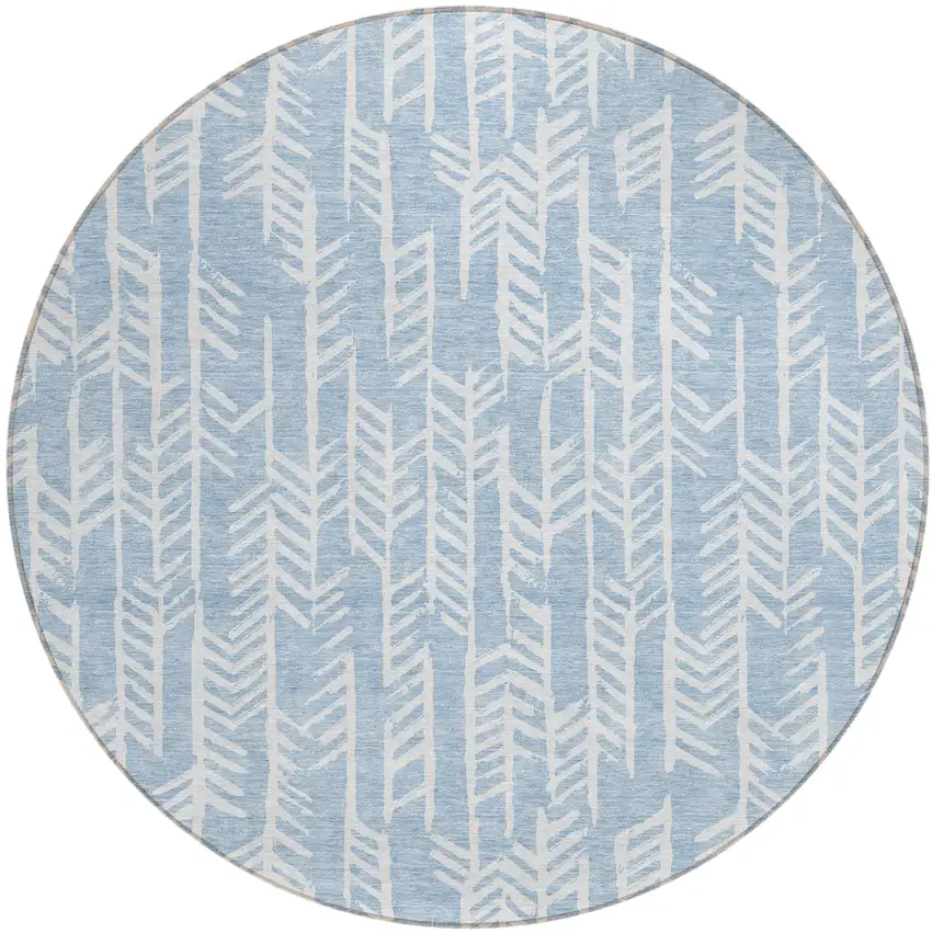 8' Sky Blue And Ivory Round Tribal Washable Indoor Outdoor Area Rug Photo 2