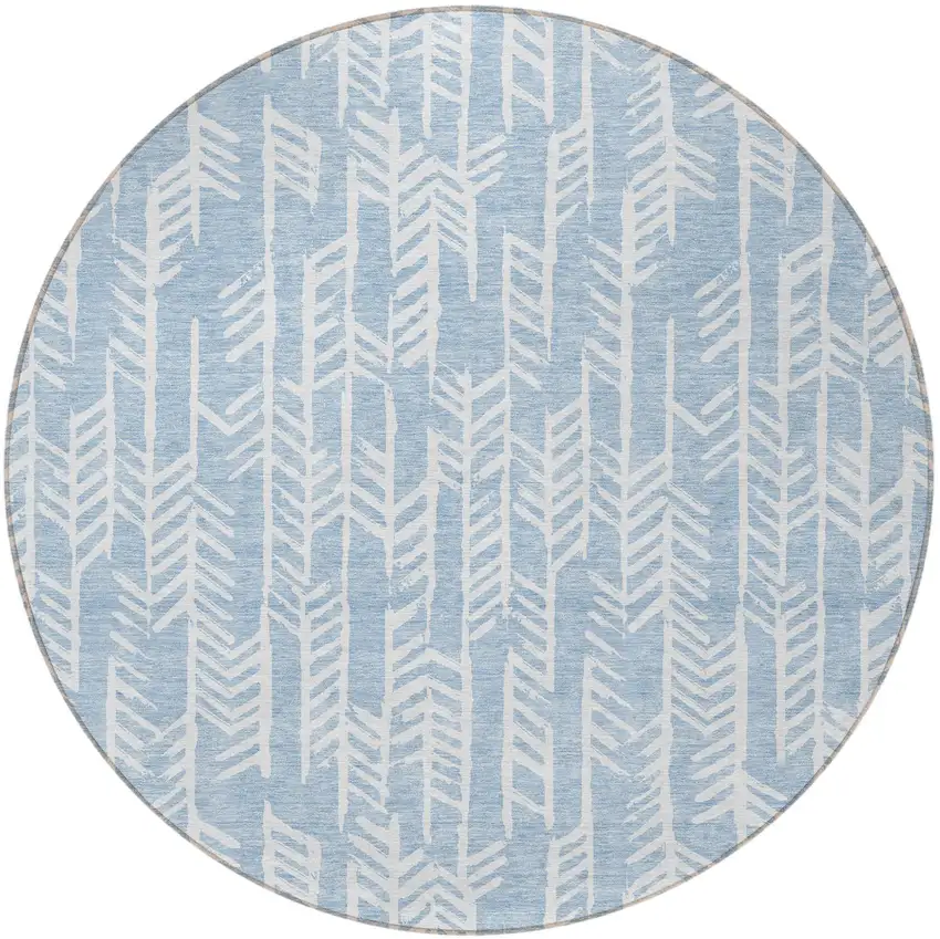 8' Sky Blue And Ivory Round Tribal Washable Indoor Outdoor Area Rug Photo 5