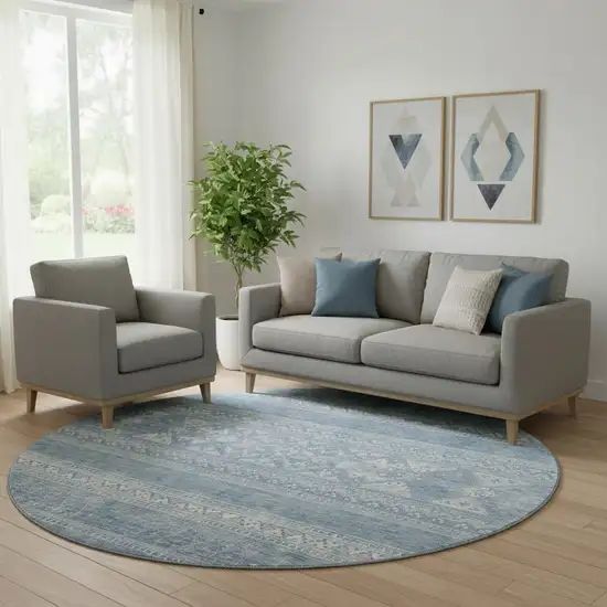 8' Sky Blue And Ivory Southwestern Washable Round Rug With UV Protection Photo 1