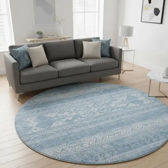 8' Sky Blue And Ivory Southwestern Washable Round Rug With UV Protection Photo 2