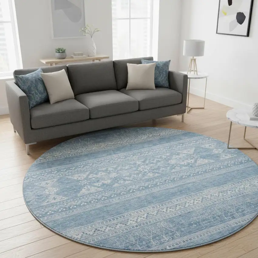 8' Sky Blue And Ivory Southwestern Washable Round Rug With UV Protection Photo 2