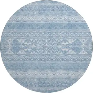 Photo of 8' Sky Blue And Ivory Southwestern Washable Round Rug With UV Protection