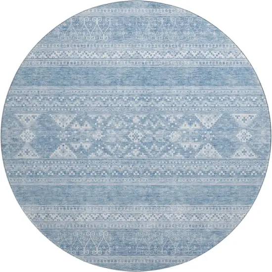 8' Sky Blue And Ivory Southwestern Washable Round Rug With UV Protection Photo 1