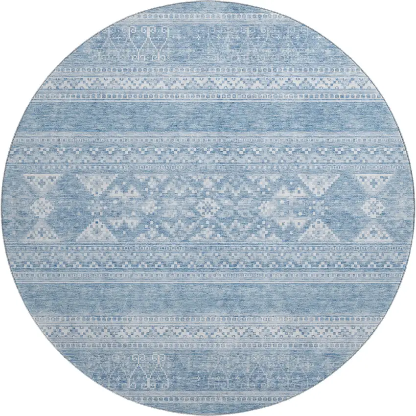 8' Sky Blue And Ivory Southwestern Washable Round Rug With UV Protection Photo 1