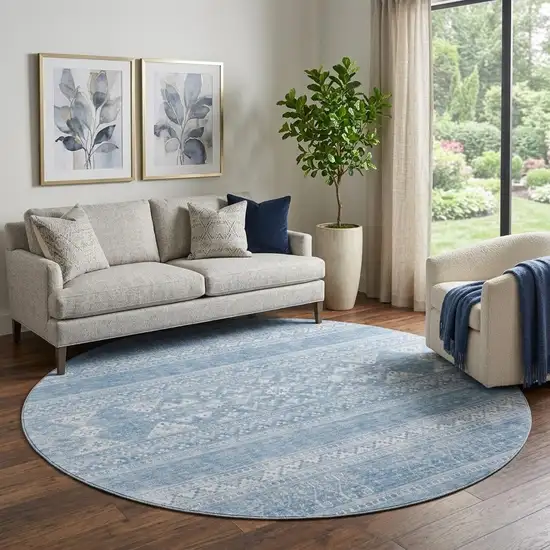 8' Sky Blue And Ivory Southwestern Washable Round Rug With UV Protection Photo 1