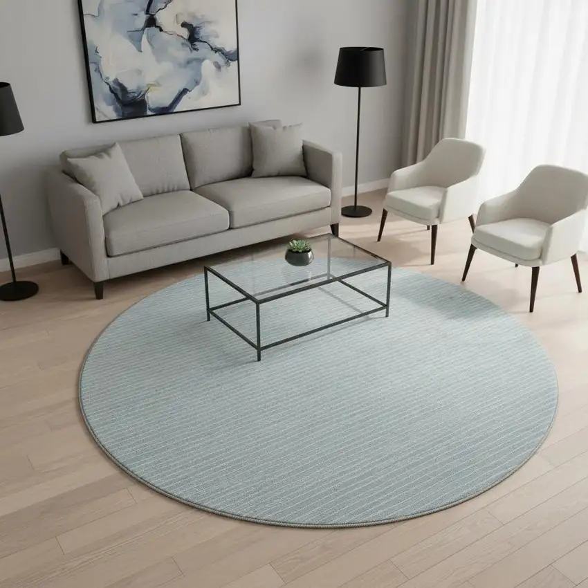 8' Sky Blue And Ivory Striped Washable Round Rug With UV Protection Photo 1