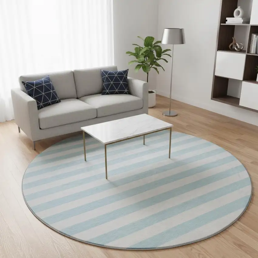 8' Sky Blue And Ivory Striped Washable Round Rug With UV Protection Photo 2