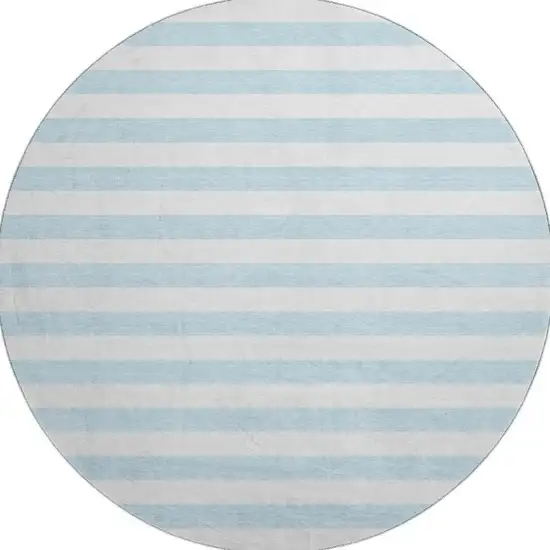 8' Sky Blue And Ivory Striped Washable Round Rug With UV Protection Photo 4
