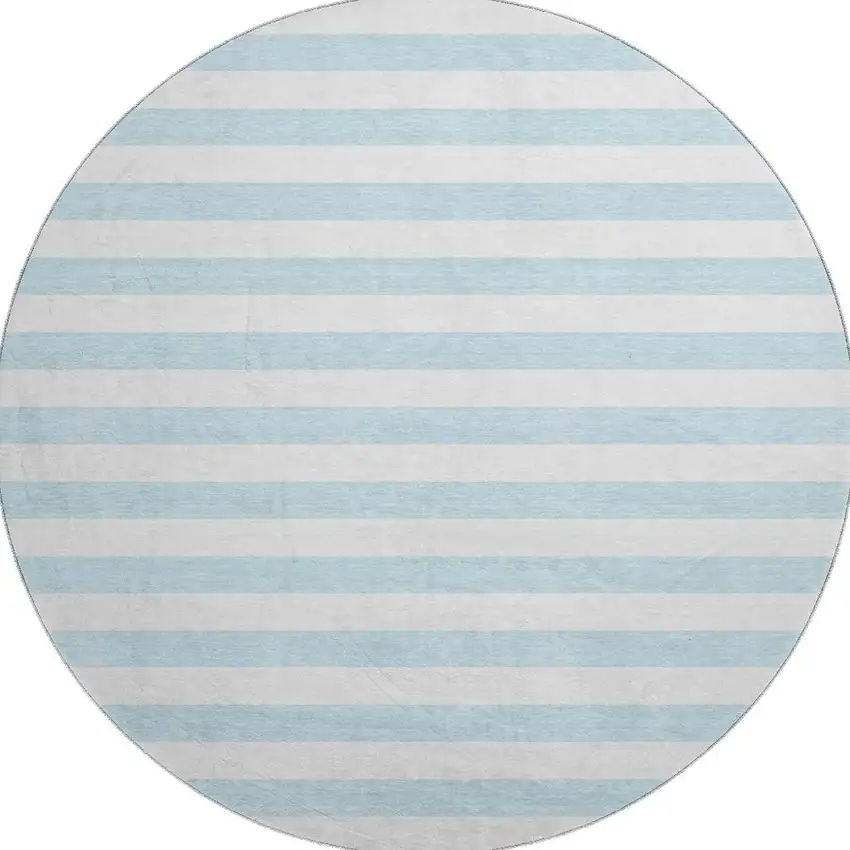 8' Sky Blue And Ivory Striped Washable Round Rug With UV Protection Photo 4