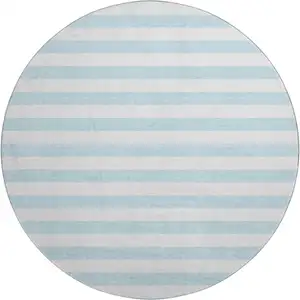 Photo of 8' Sky Blue And Ivory Striped Washable Round Rug With UV Protection