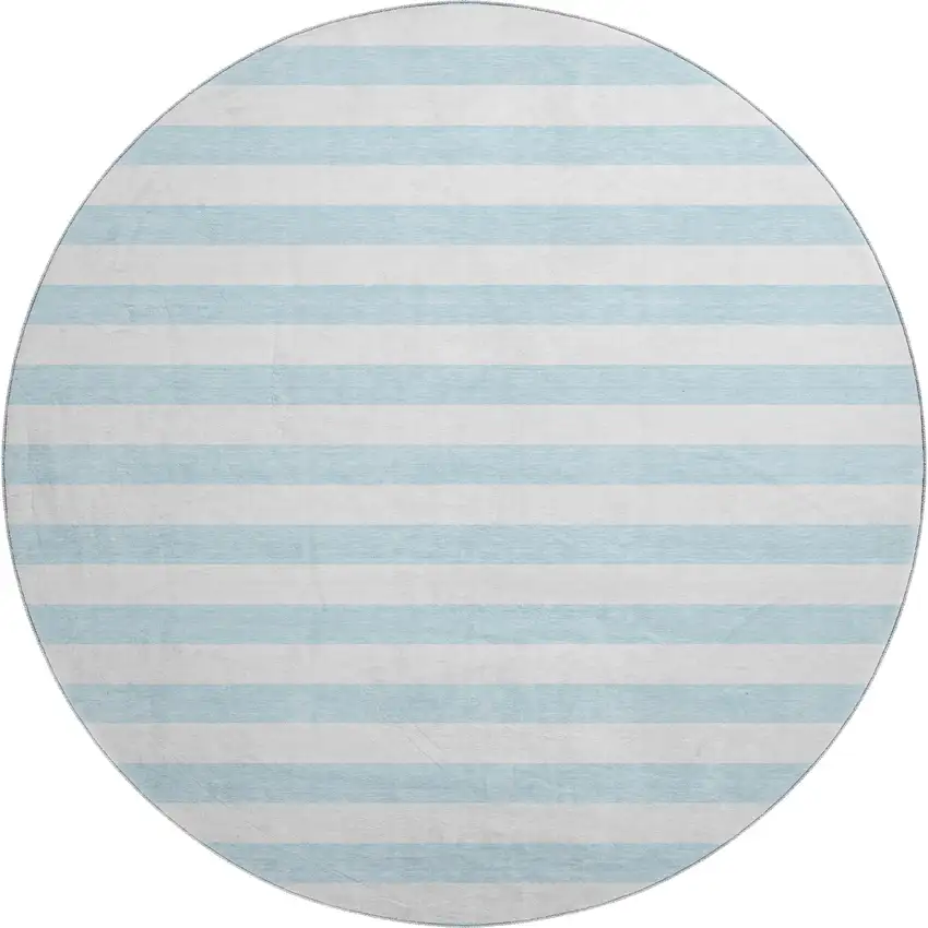 8' Sky Blue And Ivory Striped Washable Round Rug With UV Protection Photo 1