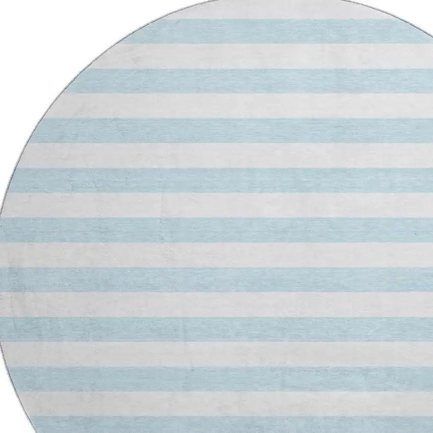 8' Sky Blue And Ivory Striped Washable Round Rug With UV Protection Photo 3