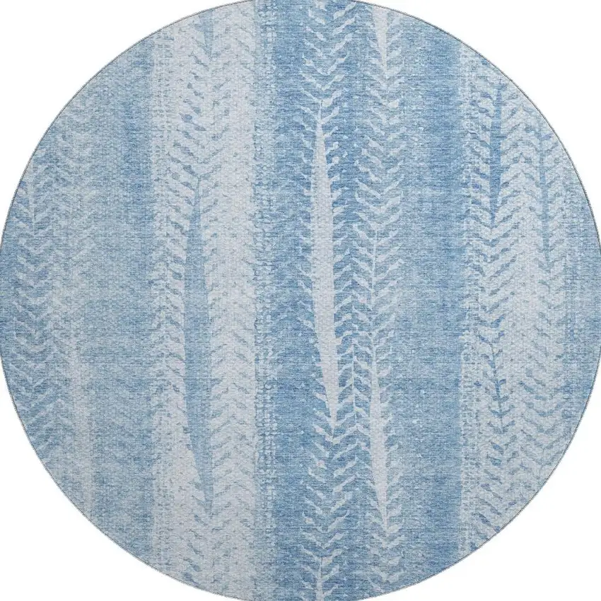 8' Sky Blue And Ivory Striped Washable Round Rug With UV Protection Photo 3