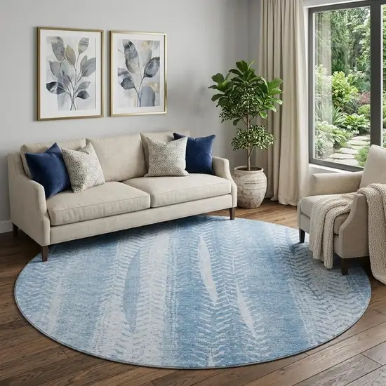 8' Sky Blue And Ivory Striped Washable Round Rug With UV Protection Photo 1