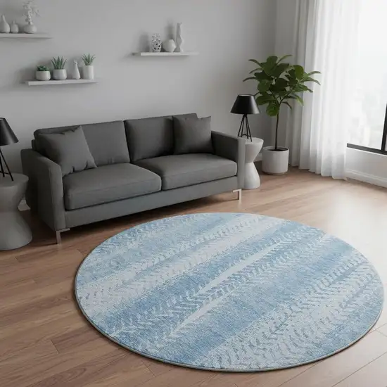 8' Sky Blue And Ivory Striped Washable Round Rug With UV Protection Photo 2