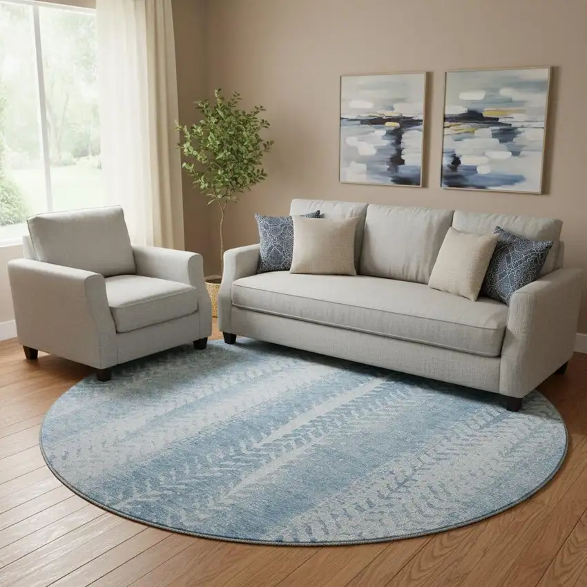 8' Sky Blue And Ivory Striped Washable Round Rug With UV Protection Photo 1