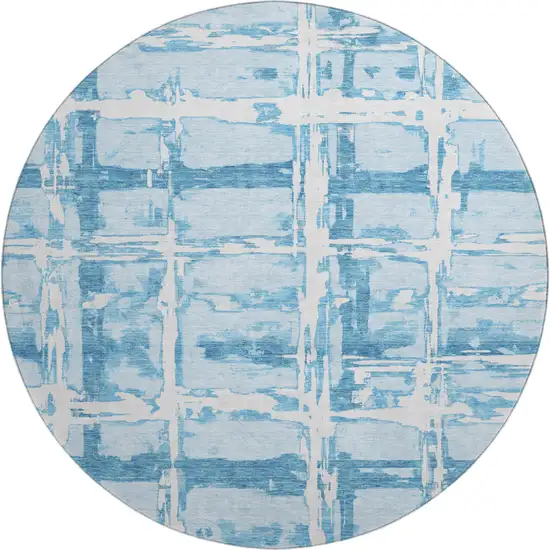 8' Sky Blue And Ivory Striped Washable Round Rug With UV Protection Photo 1