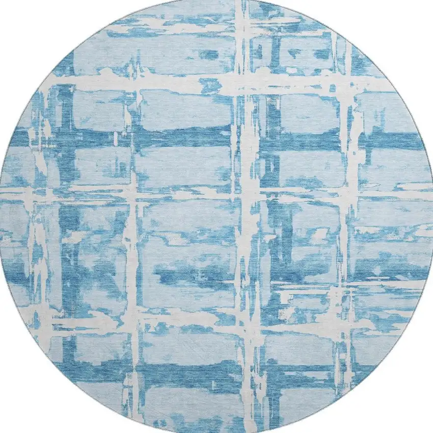 8' Sky Blue And Ivory Striped Washable Round Rug With UV Protection Photo 4