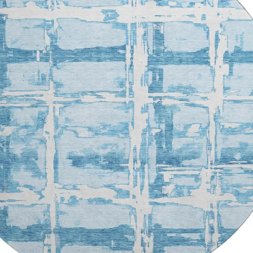 8' Sky Blue And Ivory Striped Washable Round Rug With UV Protection Photo 3