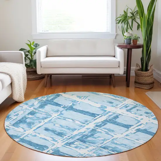 8' Sky Blue And Ivory Striped Washable Round Rug With UV Protection Photo 5
