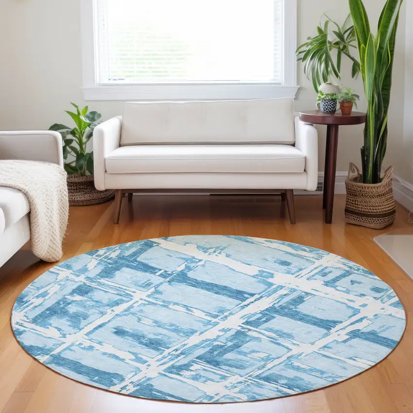 8' Sky Blue And Ivory Striped Washable Round Rug With UV Protection Photo 5