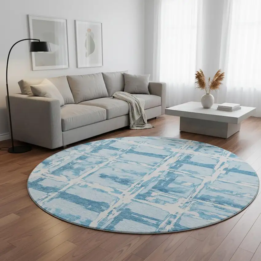 8' Sky Blue And Ivory Striped Washable Round Rug With UV Protection Photo 2
