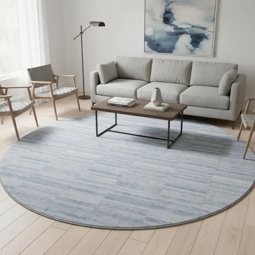 8' Sky Blue And Ivory Striped Washable Round Rug With UV Protection Photo 2