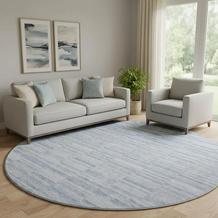 8' Sky Blue And Ivory Striped Washable Round Rug With UV Protection Photo 1