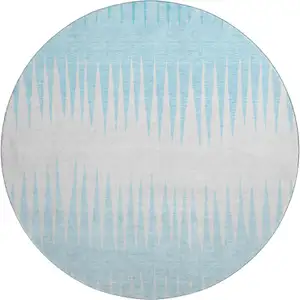 Photo of 8' Sky Blue And Ivory Striped Washable Round Rug With UV Protection