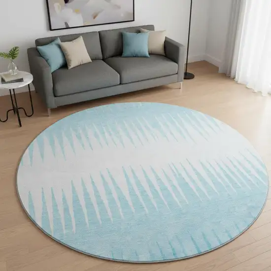 8' Sky Blue And Ivory Striped Washable Round Rug With UV Protection Photo 2