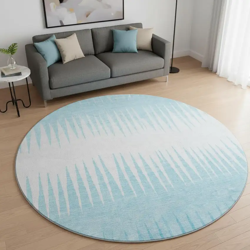8' Sky Blue And Ivory Striped Washable Round Rug With UV Protection Photo 2