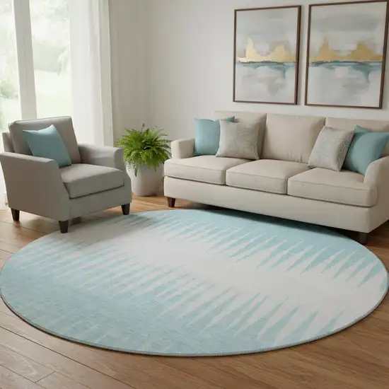 8' Sky Blue And Ivory Striped Washable Round Rug With UV Protection Photo 1