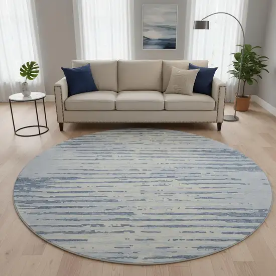 8' Sky Blue And Ivory Striped Washable Round Rug With UV Protection Photo 2