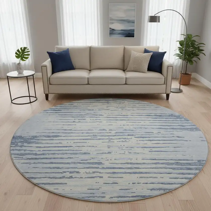 8' Sky Blue And Ivory Striped Washable Round Rug With UV Protection Photo 2