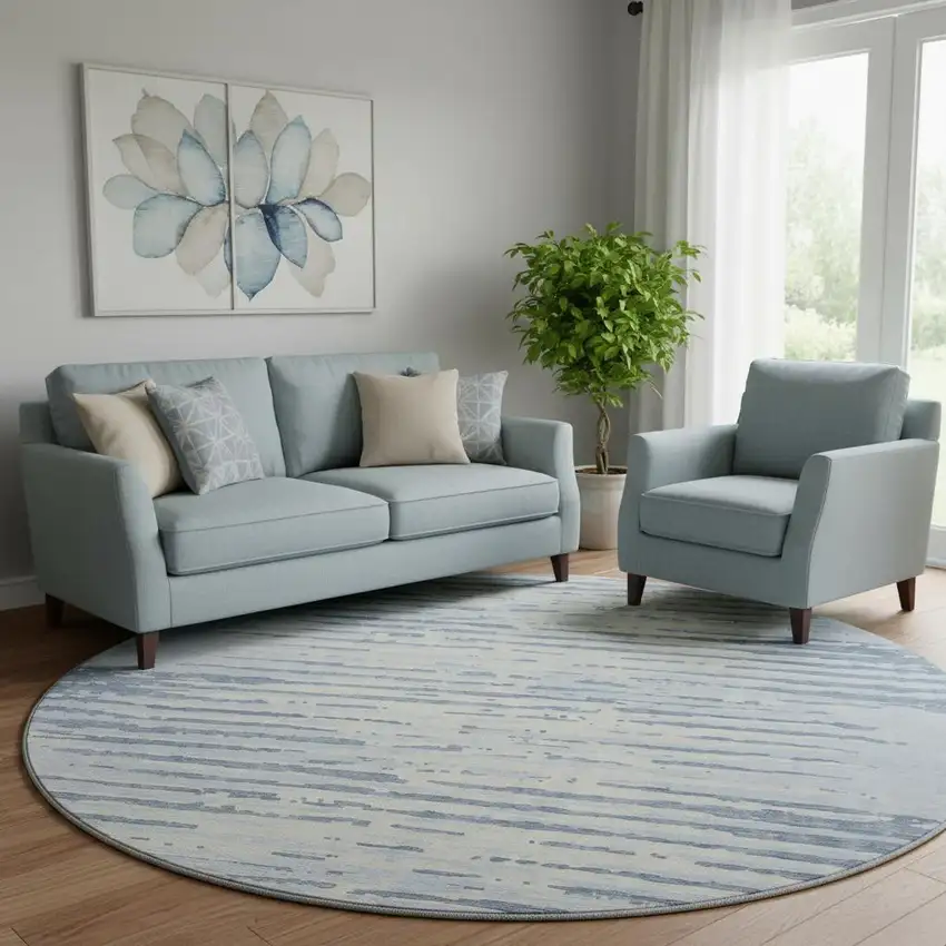 8' Sky Blue And Ivory Striped Washable Round Rug With UV Protection Photo 1