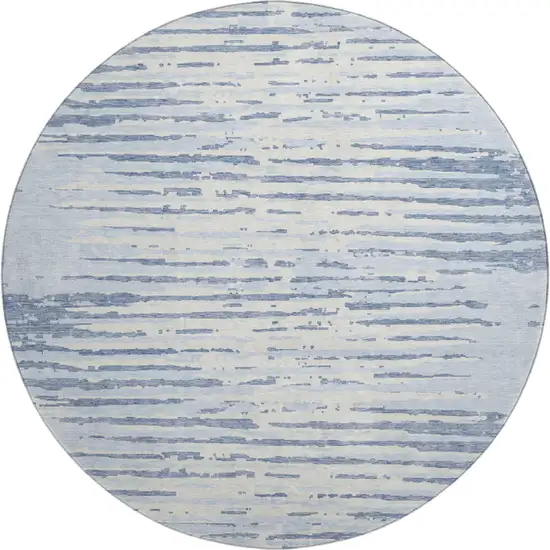 8' Sky Blue And Ivory Striped Washable Round Rug With UV Protection Photo 1