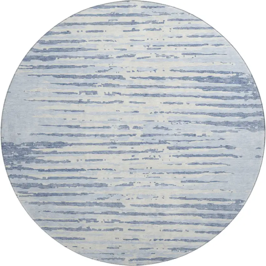 8' Sky Blue And Ivory Striped Washable Round Rug With UV Protection Photo 1