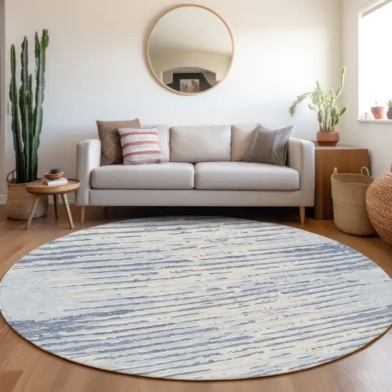 8' Sky Blue And Ivory Striped Washable Round Rug With UV Protection Photo 5