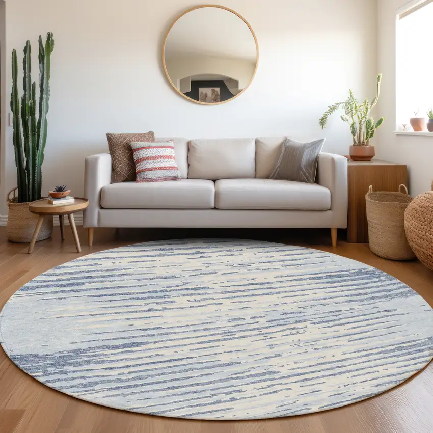 8' Sky Blue And Ivory Striped Washable Round Rug With UV Protection Photo 5
