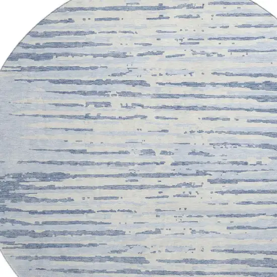 8' Sky Blue And Ivory Striped Washable Round Rug With UV Protection Photo 3