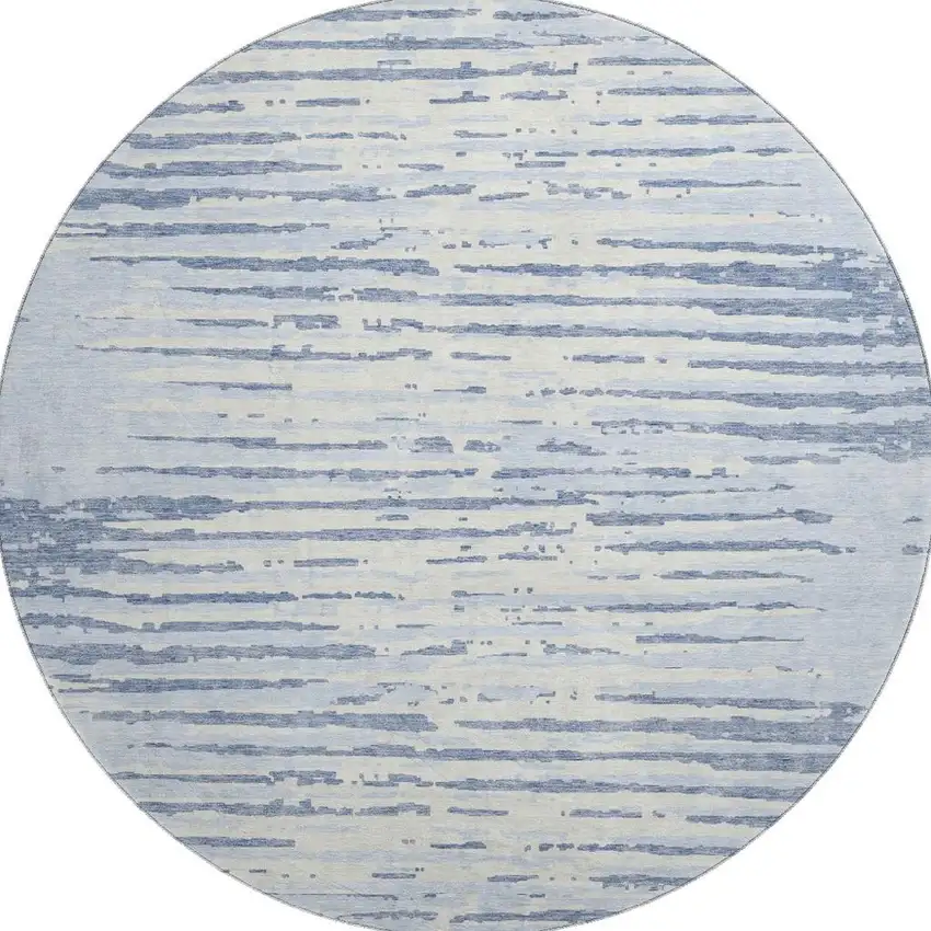 8' Sky Blue And Ivory Striped Washable Round Rug With UV Protection Photo 4