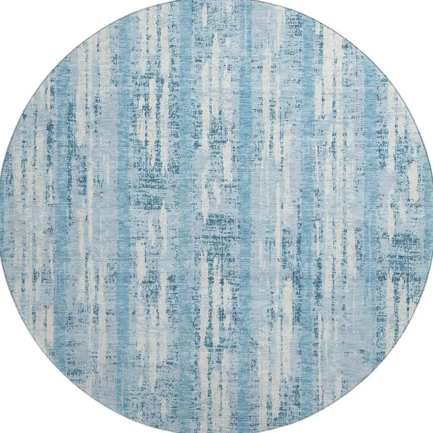 8' Sky Blue And Ivory Striped Washable Round Rug With UV Protection Photo 3